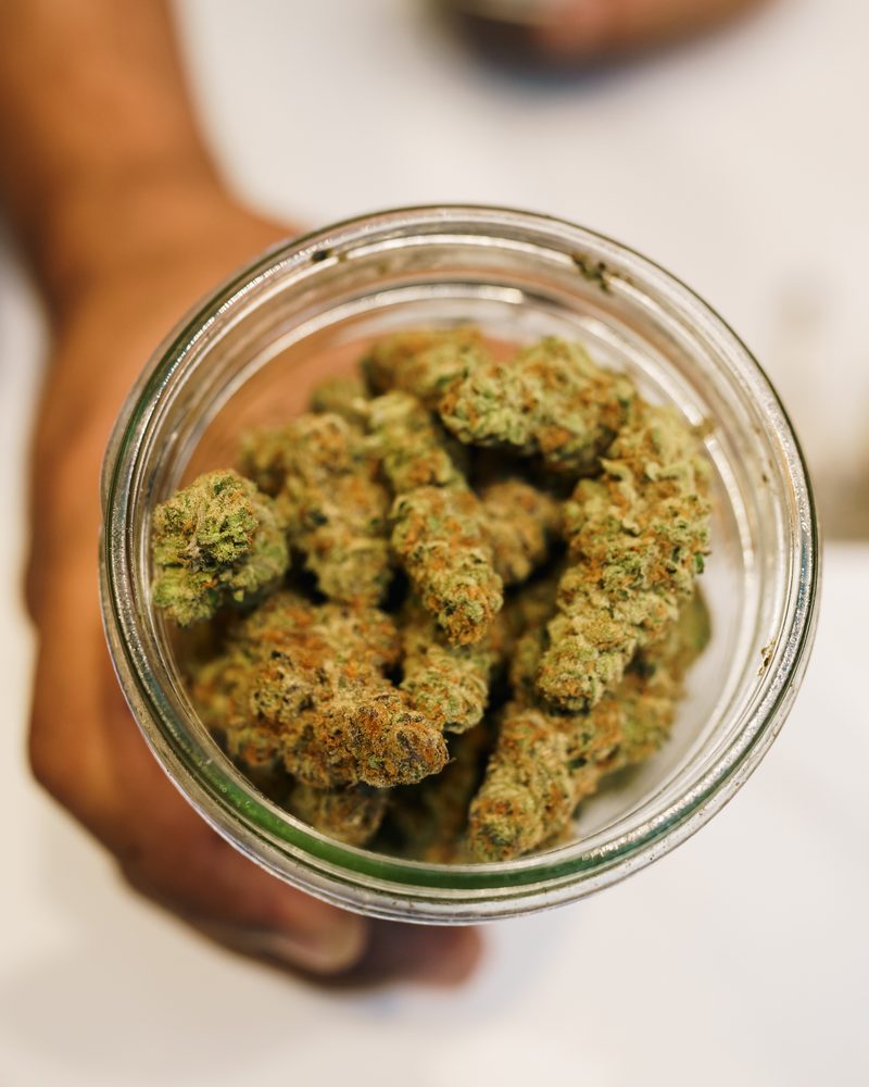 Glass-jar cured cannabis flower at the counter of Coffeeshop The Mantis, Ao Nang